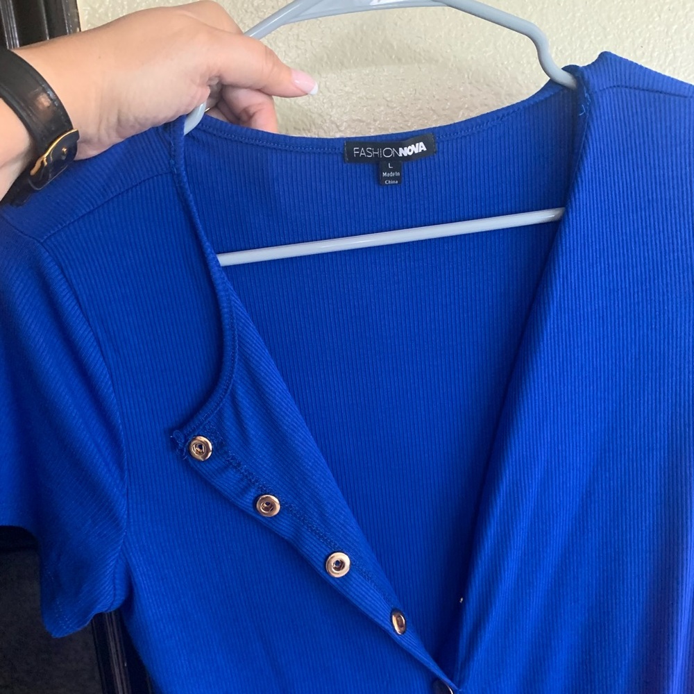 Cute ribbed royal blue with gold button down midi dress